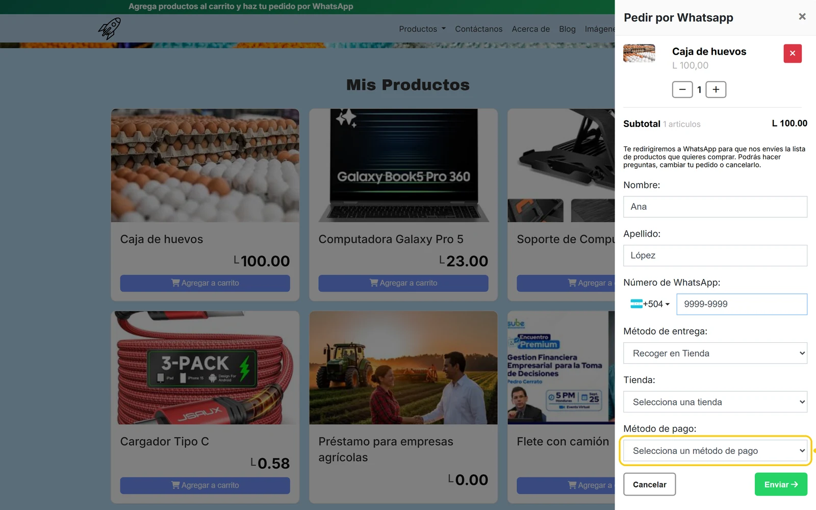 Campo Método de pago donde el cliente indica cómo pagará su pedido por WhatsApp
