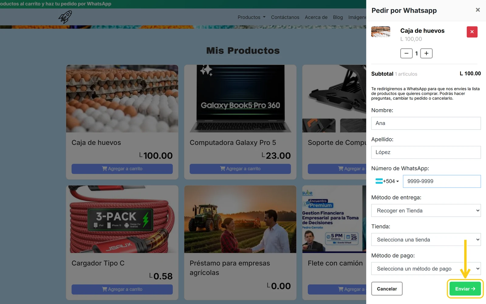 Botón Enviar del formulario de pedido por WhatsApp en un sitio web Sube