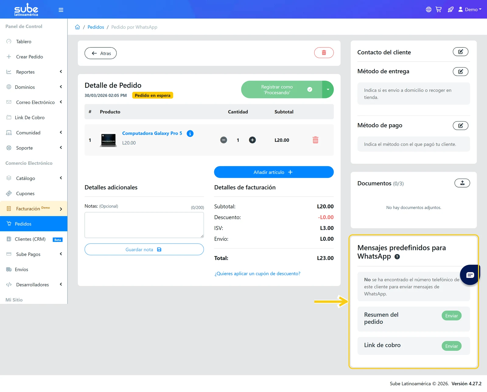 Detalle de un pedido por WhatsApp en Sube con el panel de mensajes y el Link de cobro