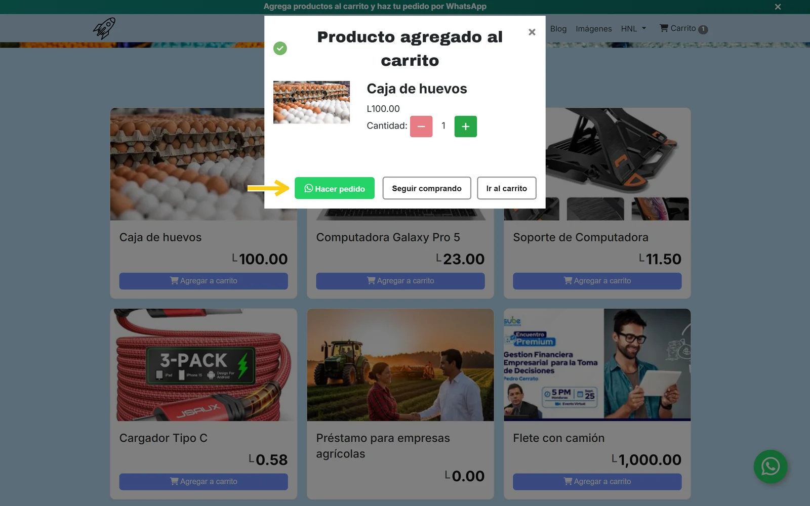 Ventana Producto agregado al carrito con el botón Hacer pedido para pedir por WhatsApp