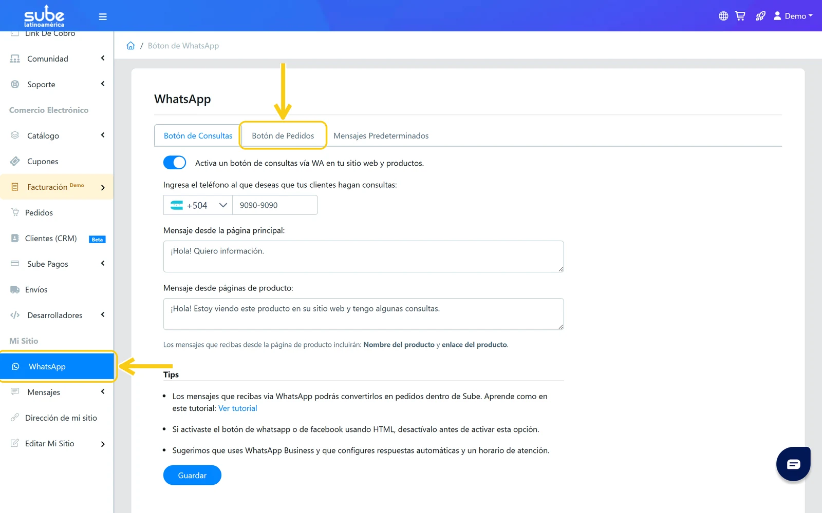 Menú lateral WhatsApp del panel de Sube y la pestaña Botón de Pedidos, donde se activan los pedidos por WhatsApp