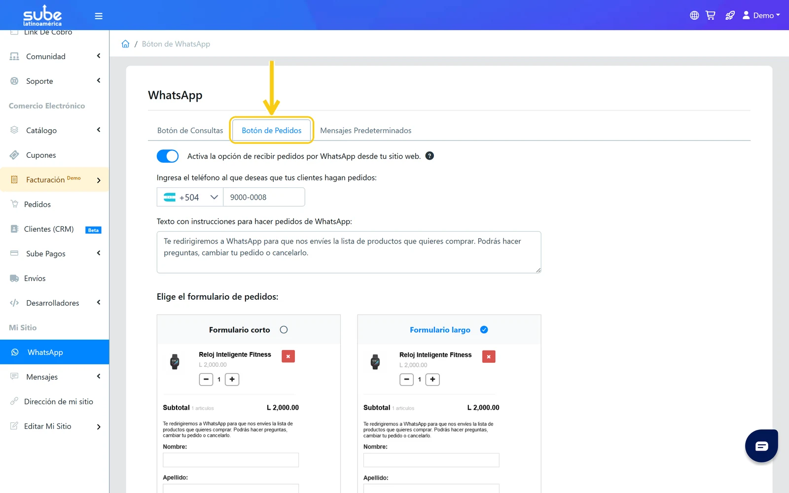 Pestaña Botón de Pedidos resaltada en la pantalla WhatsApp de Sube para activar los pedidos por WhatsApp