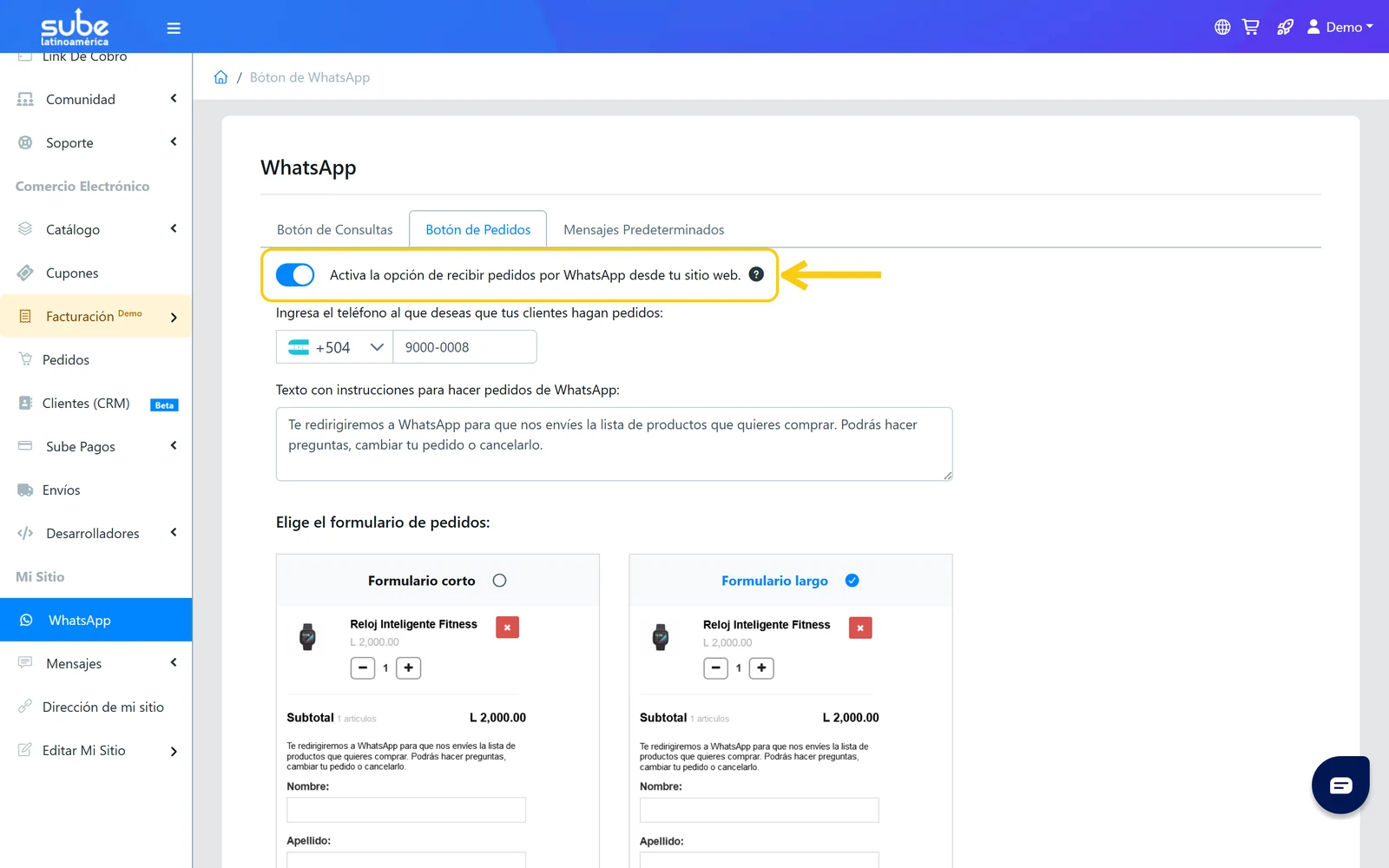 Interruptor para activar los pedidos por WhatsApp en Sube desde tu sitio web