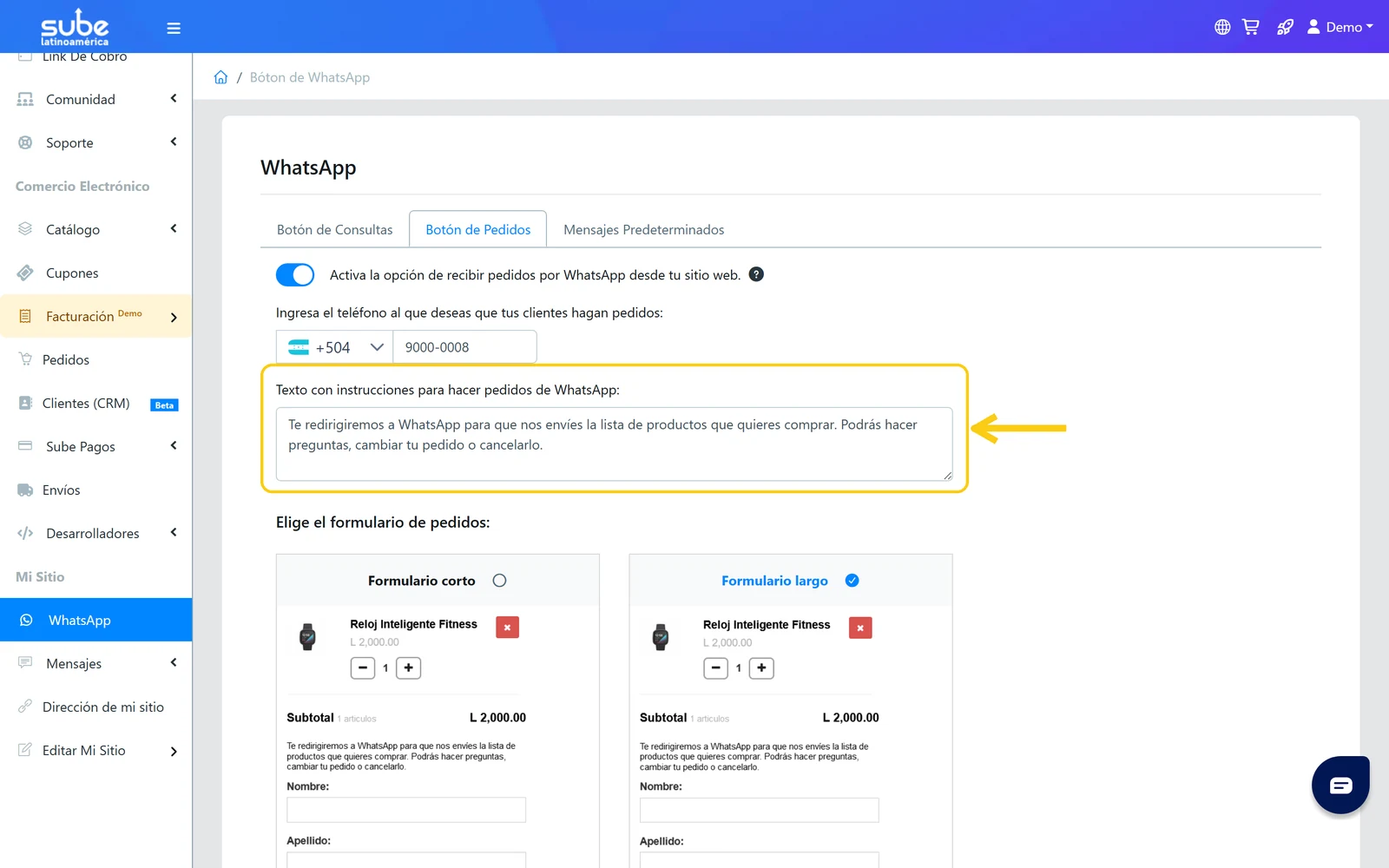 Campo de texto completo con las instrucciones que verá el cliente al hacer pedidos por WhatsApp en Sube