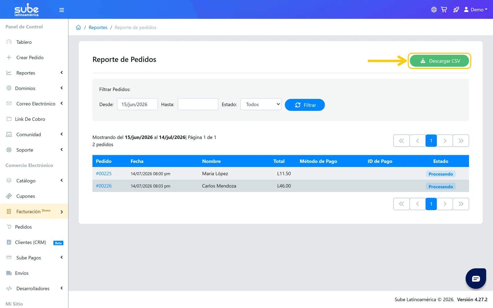 Botón Descargar CSV para exportar el reporte de pedidos en Sube a una hoja de cálculo