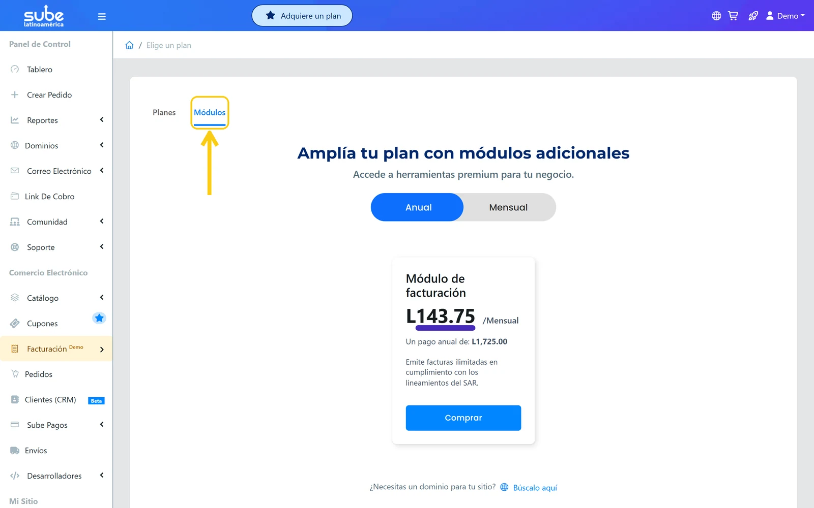 Pestaña Módulos de la pantalla Elige un plan en el panel de Sube