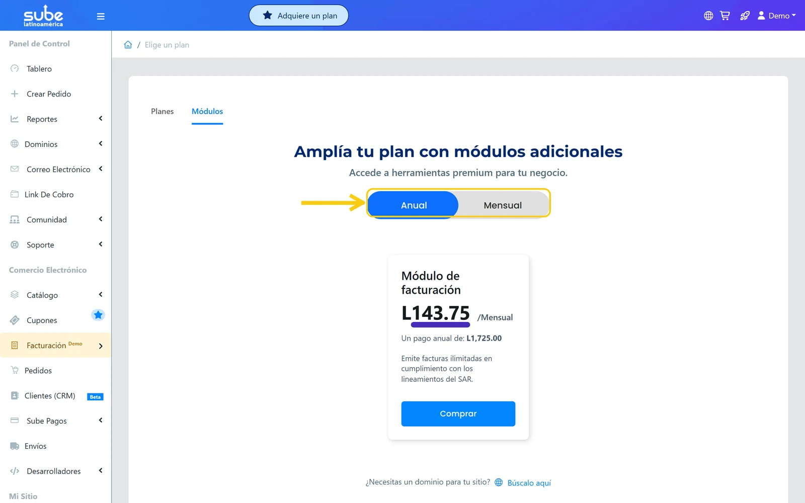 Selector de modalidad Anual o Mensual para comprar el módulo de facturación de Sube