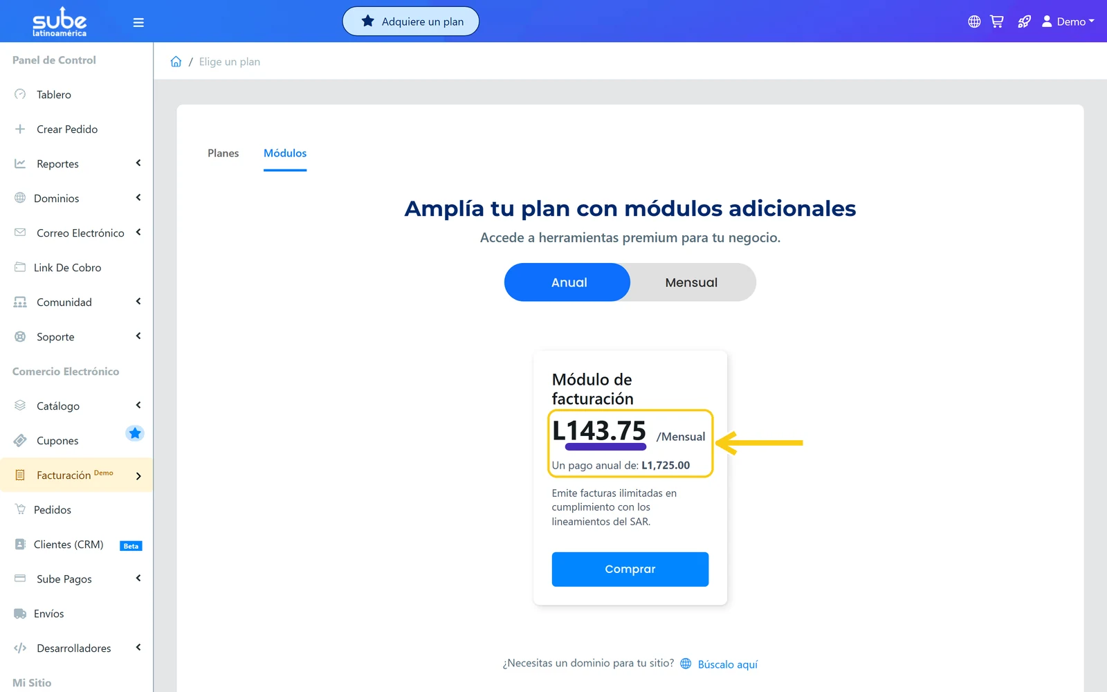 Precio del módulo de facturación de Sube en modalidad anual con su pago anual