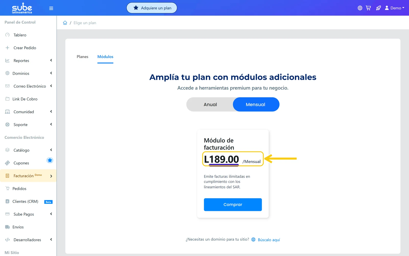 Precio del módulo de facturación de Sube en modalidad mensual