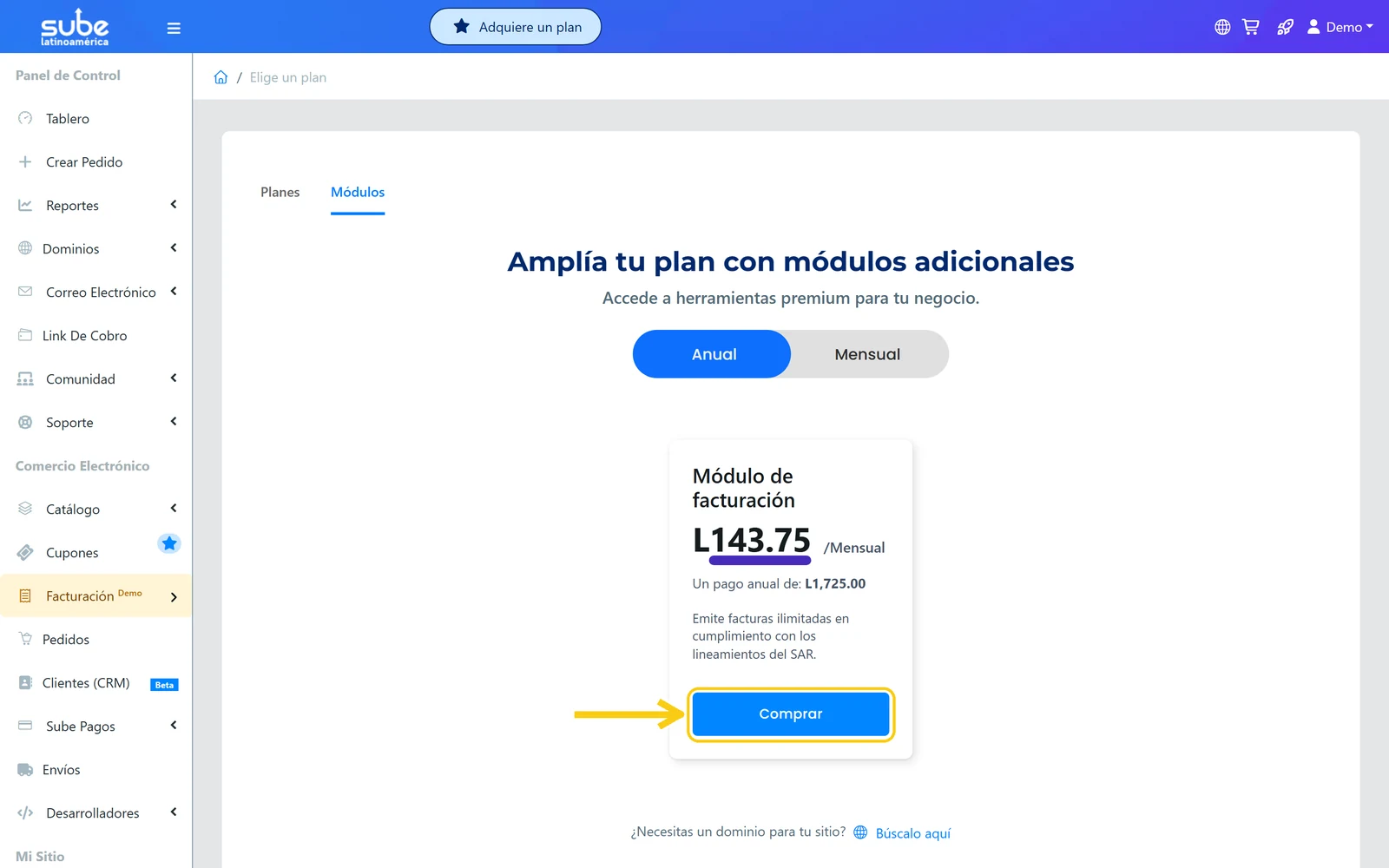 Botón Comprar en la tarjeta del módulo de facturación de Sube