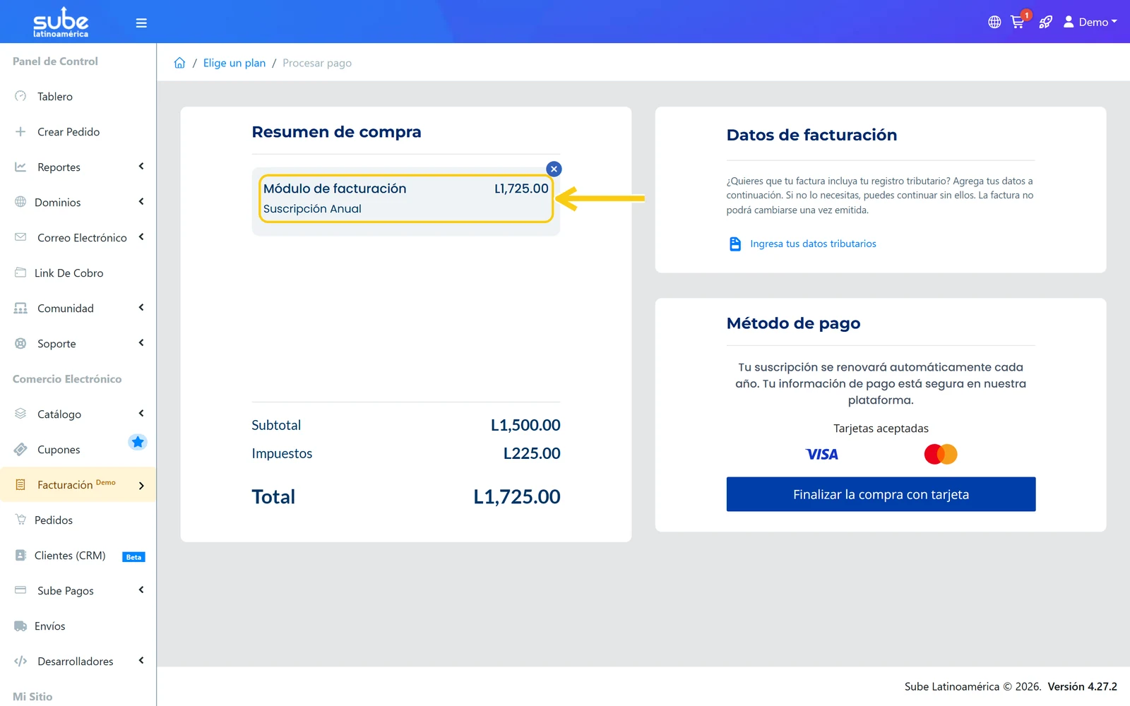 Resumen de compra con el módulo de facturación y su suscripción anual