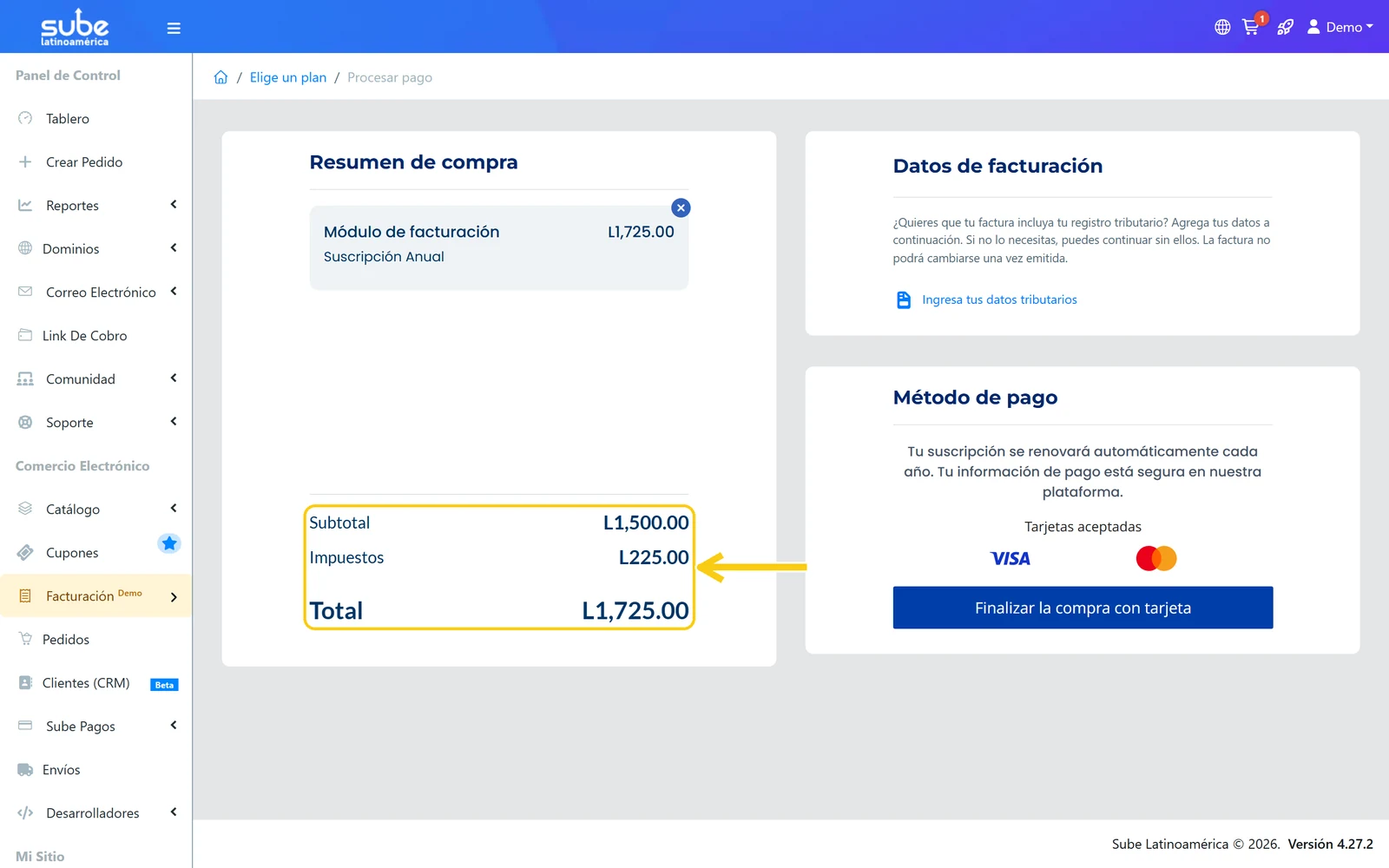 Subtotal, impuestos y total de la compra del módulo de facturación en Sube