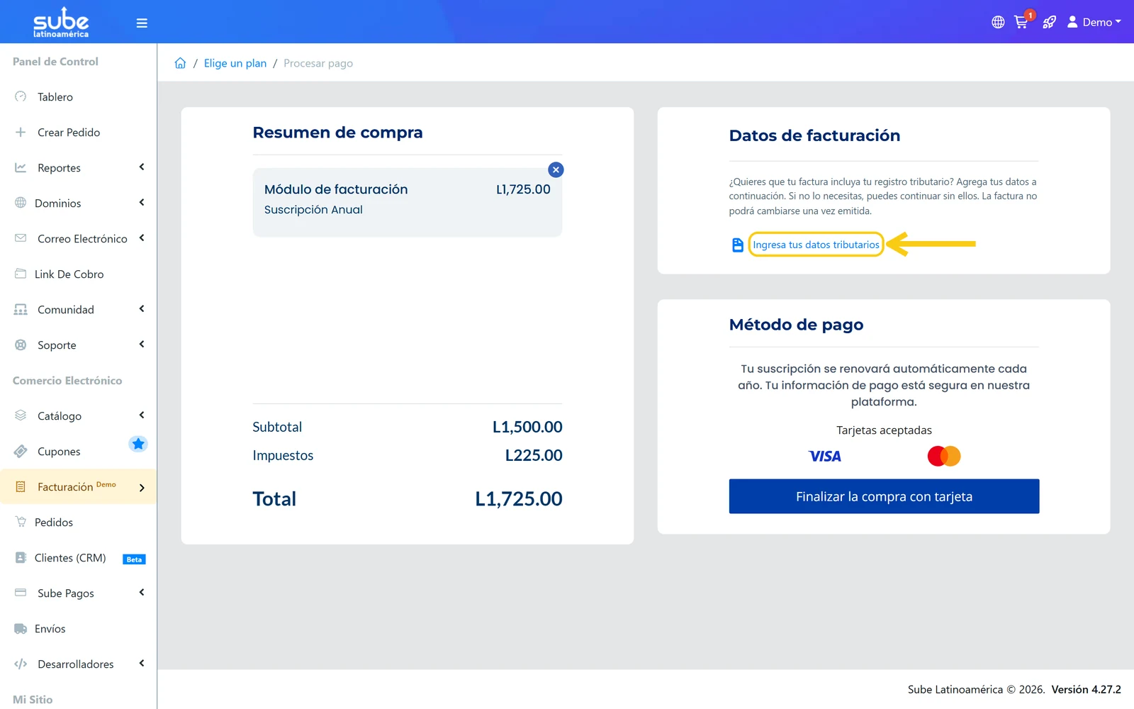 Enlace Ingresa tus datos tributarios en la sección Datos de facturación del pago