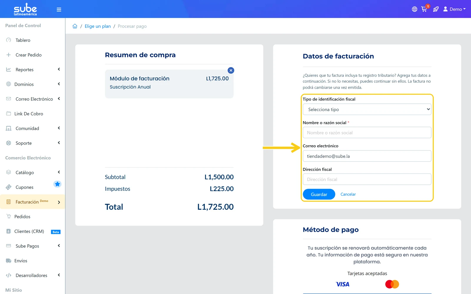 Formulario de datos de facturación con todos sus campos en la pantalla de pago de Sube