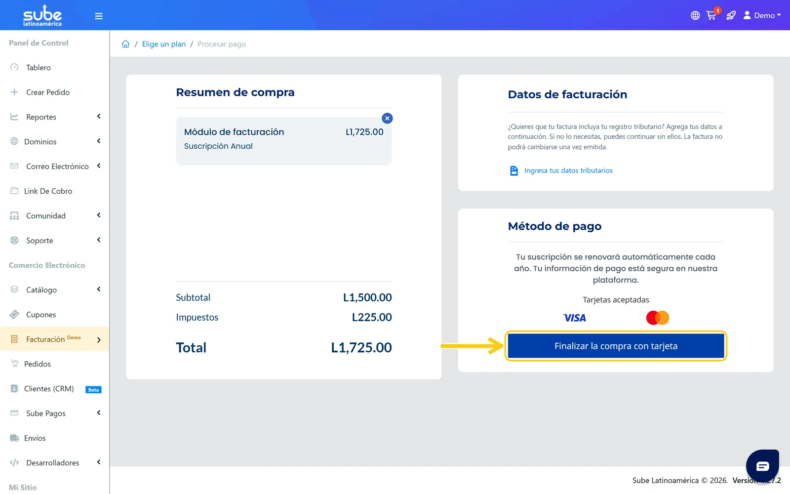 Botón Finalizar la compra con tarjeta en la pantalla Procesar pago de Sube