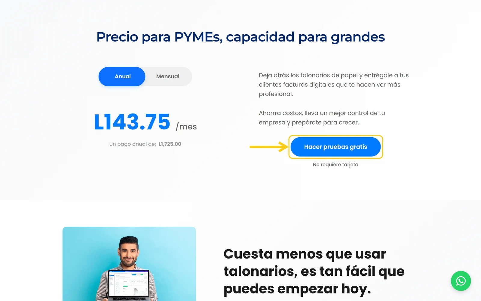 Botón Hacer pruebas gratis en la página de facturación digital de Sube