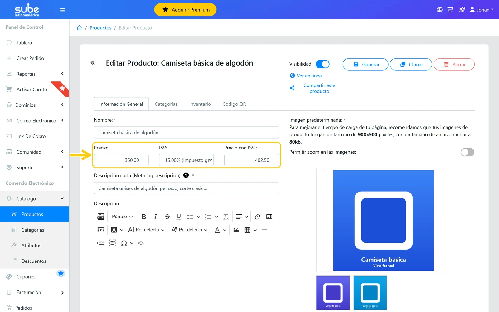 Campos Precio, ISV y Precio con ISV en la ficha de un producto del panel de Sube