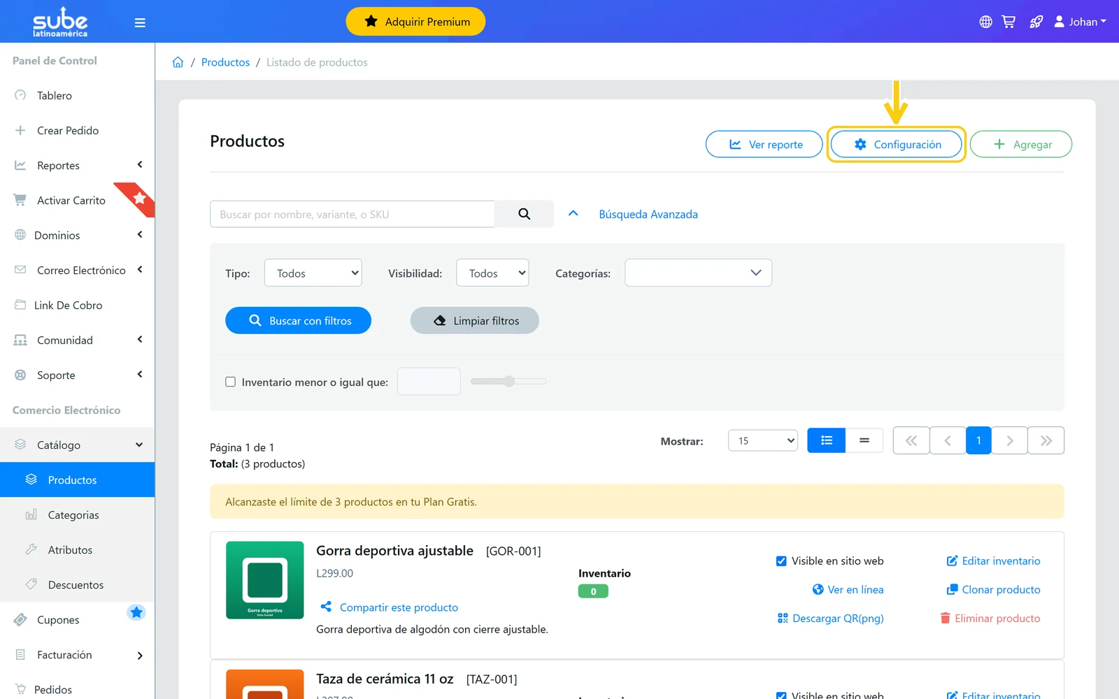 Botón Configuración de la tarjeta Productos en el panel de Sube