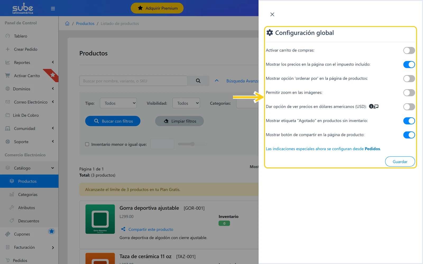 Diálogo Configuración global de Productos en Sube con sus siete interruptores