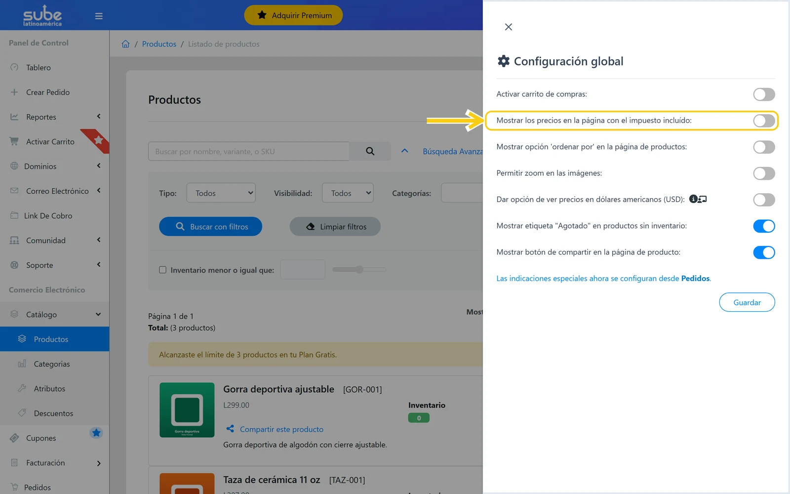 Interruptor Mostrar los precios en la página con el impuesto incluído apagado en Sube