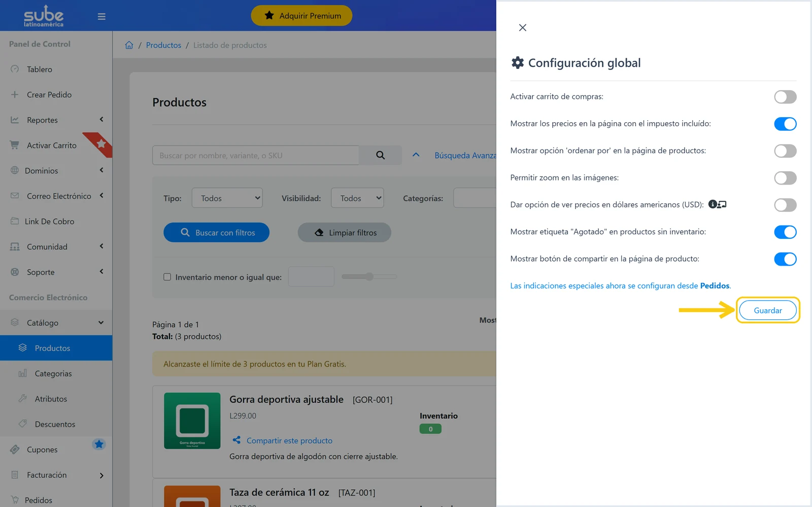 Botón Guardar del diálogo Configuración global de Productos en Sube