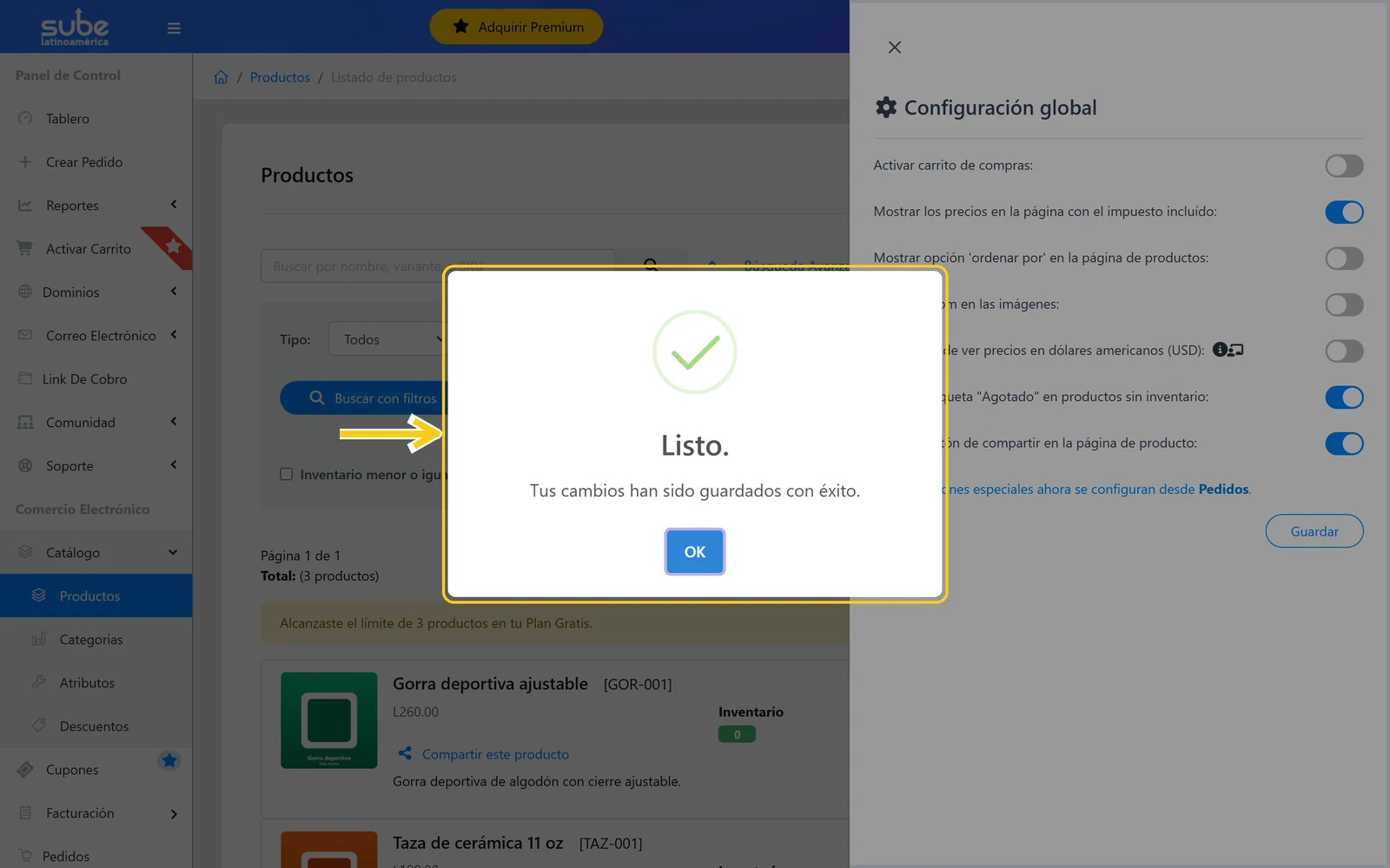 Mensaje Listo, tus cambios han sido guardados con éxito en el panel de Sube