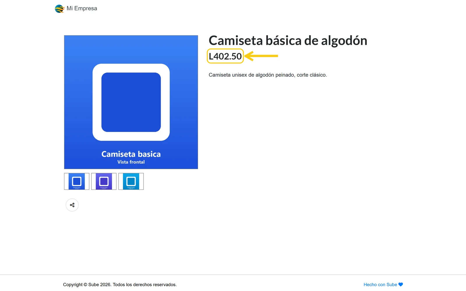 Página pública de un producto en Sube mostrando el precio L402.50 con el impuesto incluido