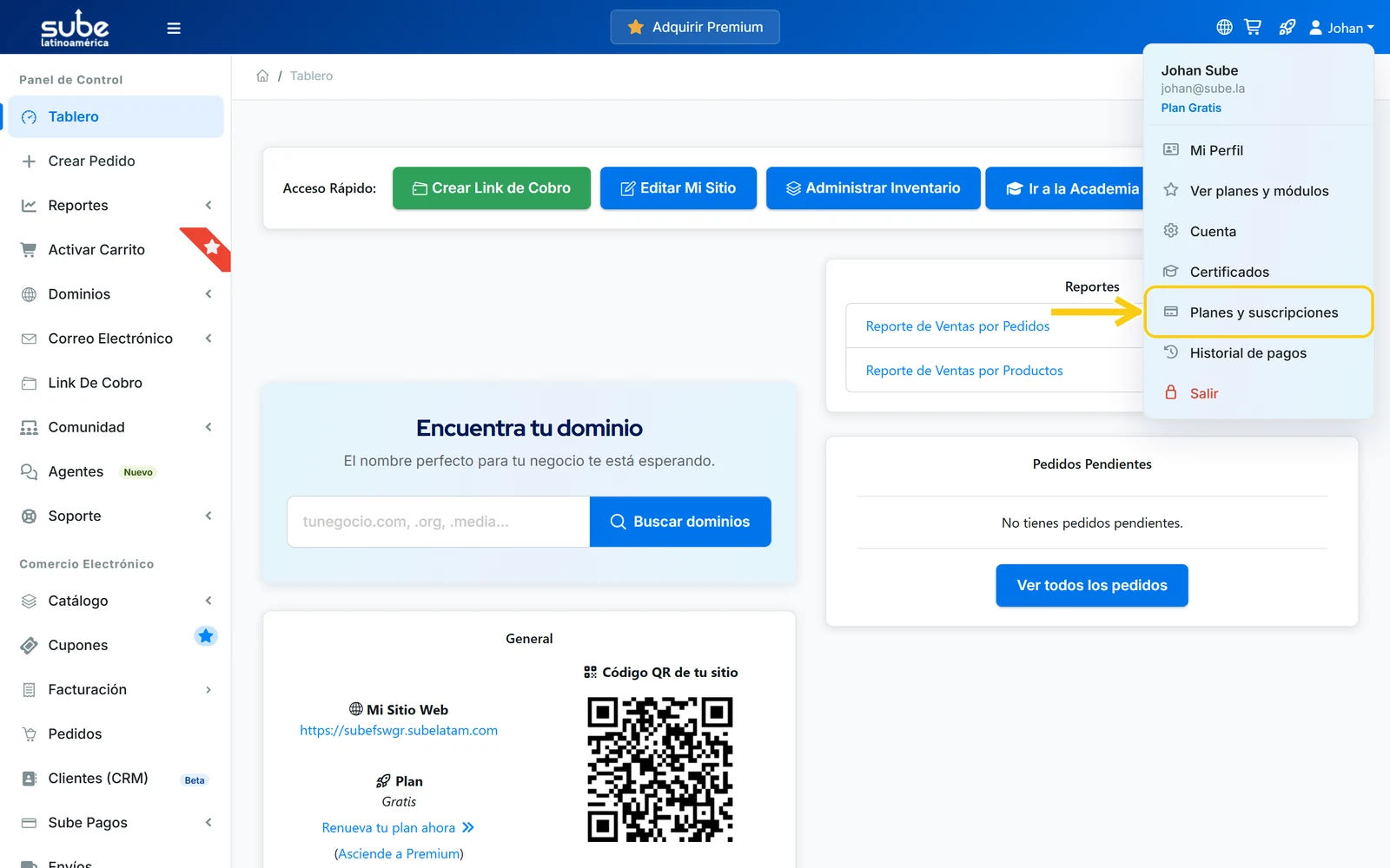 Menú de usuario del panel de Sube con la opción Planes y suscripciones resaltada
