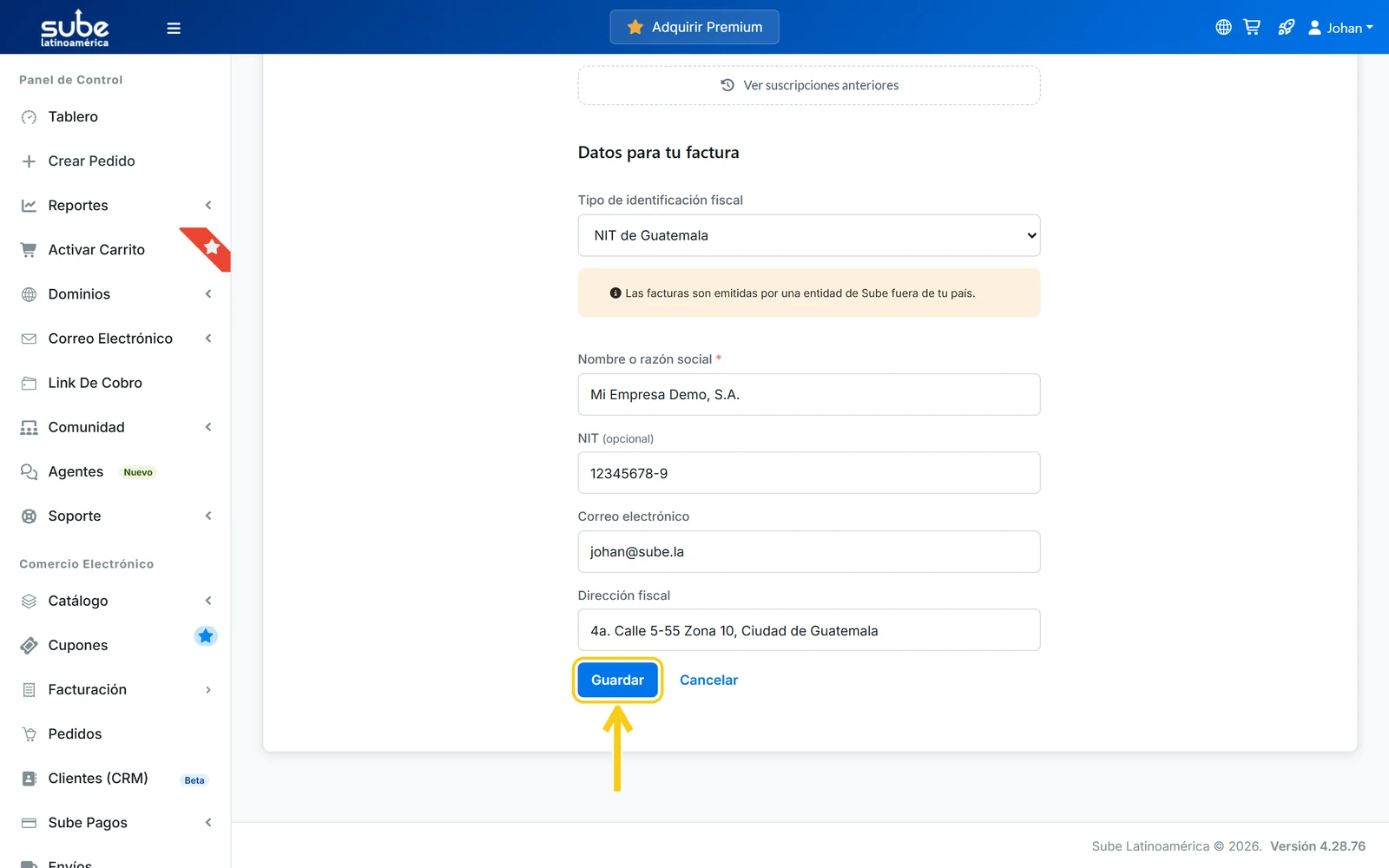 Botón Guardar del formulario Datos para tu factura en el panel de Sube