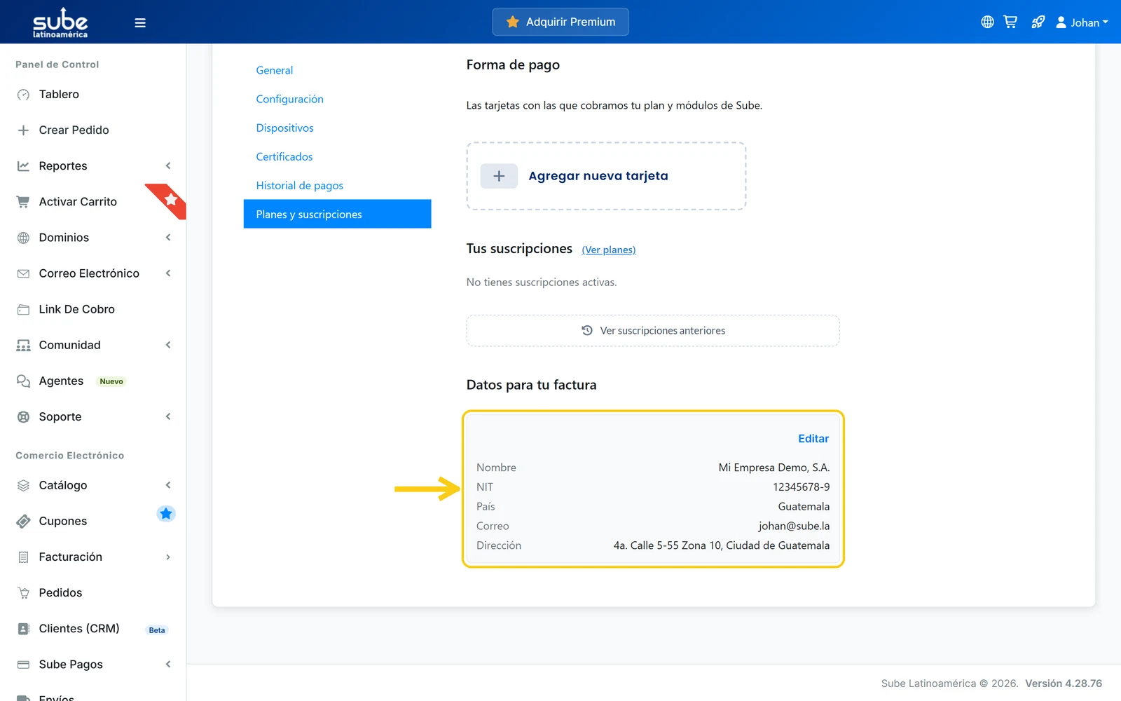 Datos para tu factura de Sube ya guardados: nombre, NIT, país, correo y dirección, con el botón Editar
