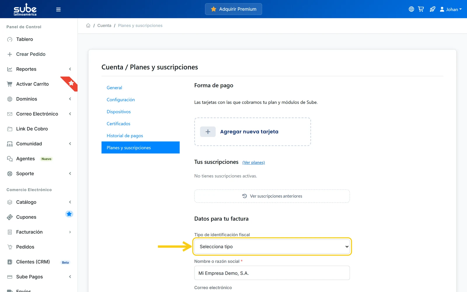 Campo Tipo de identificación fiscal del formulario Datos para tu factura de Sube, en su estado inicial Selecciona tipo