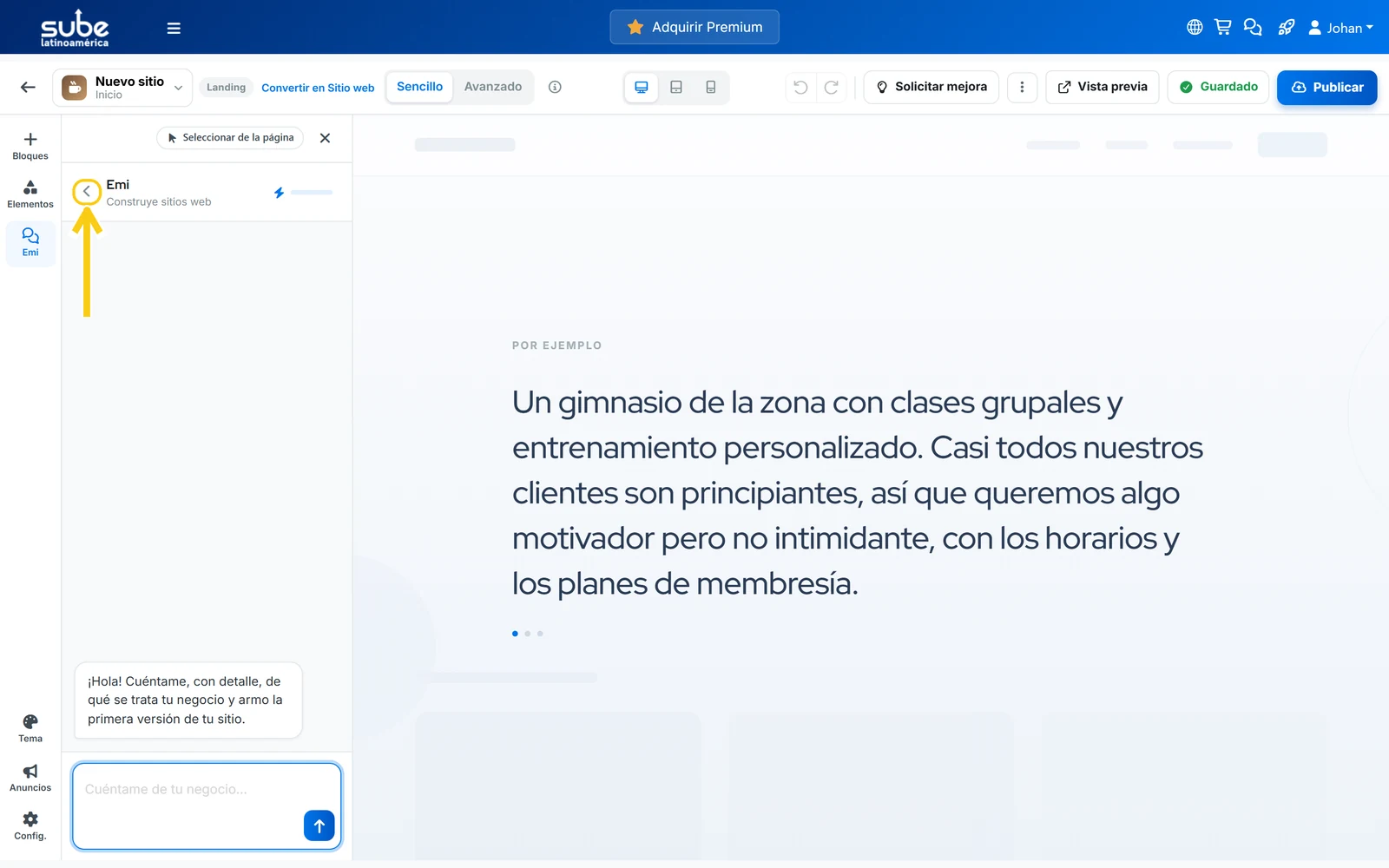 Flecha junto al nombre de Emi en el constructor de sitios de Sube para volver a la lista de agentes