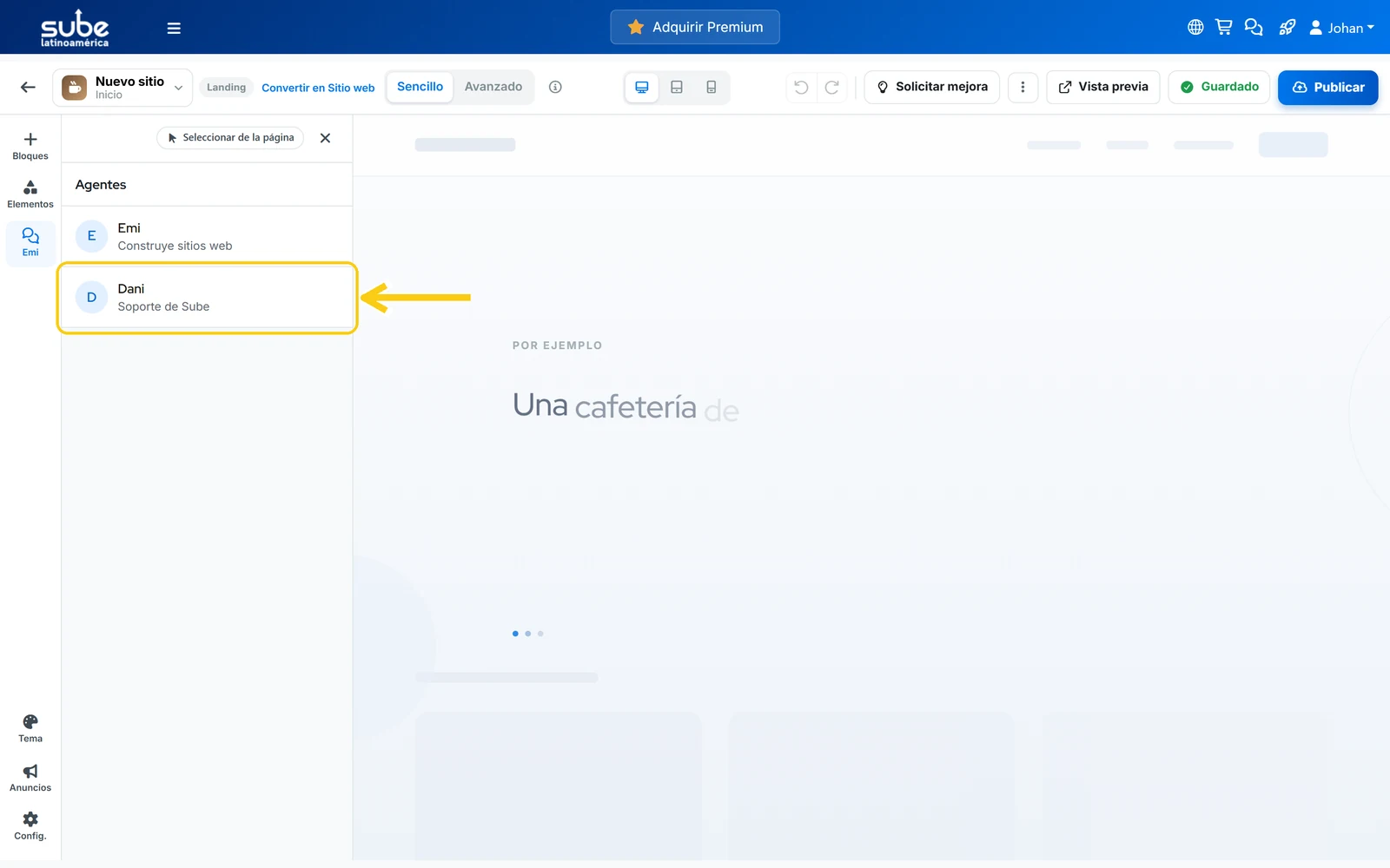 Lista de agentes dentro del constructor de sitios de Sube con Dani resaltado