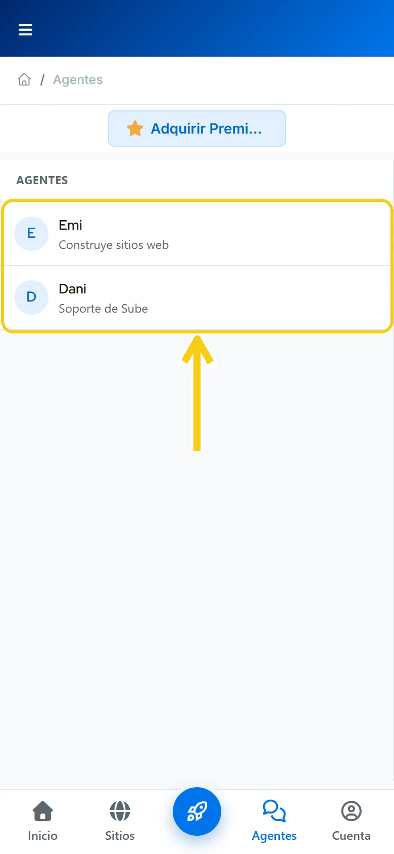 Lista de los agentes de inteligencia artificial de Sube, Emi y Dani, vista en el celular