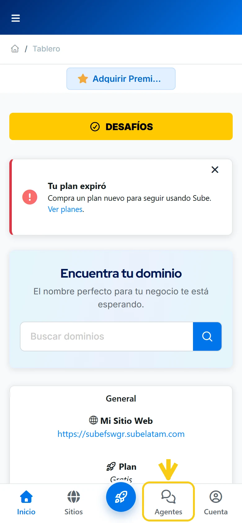 Barra inferior del panel de Sube en el celular con el botón Agentes resaltado
