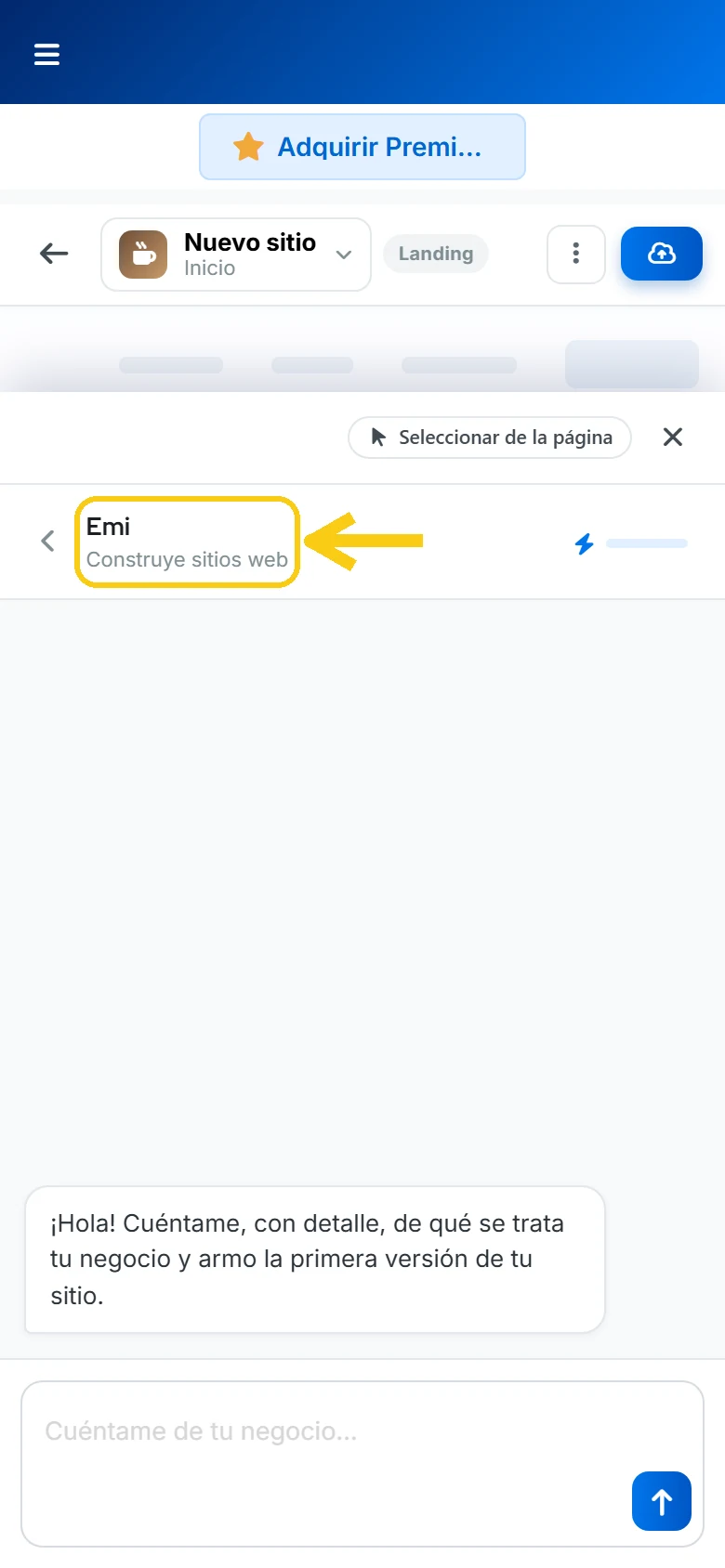 Chat de Emi abierto en el constructor de sitios de Sube visto en el celular