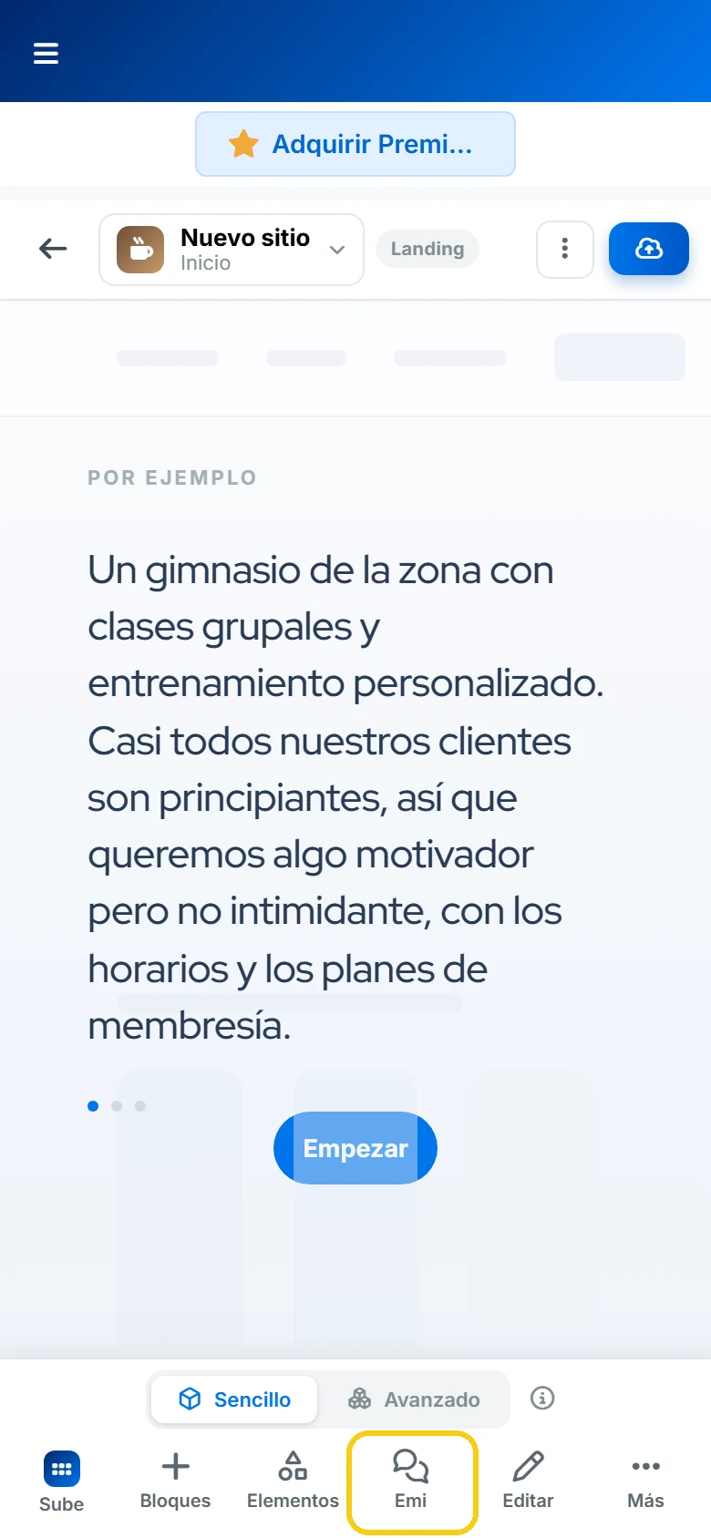 Barra inferior del constructor de sitios de Sube en el celular con la opción Emi resaltada