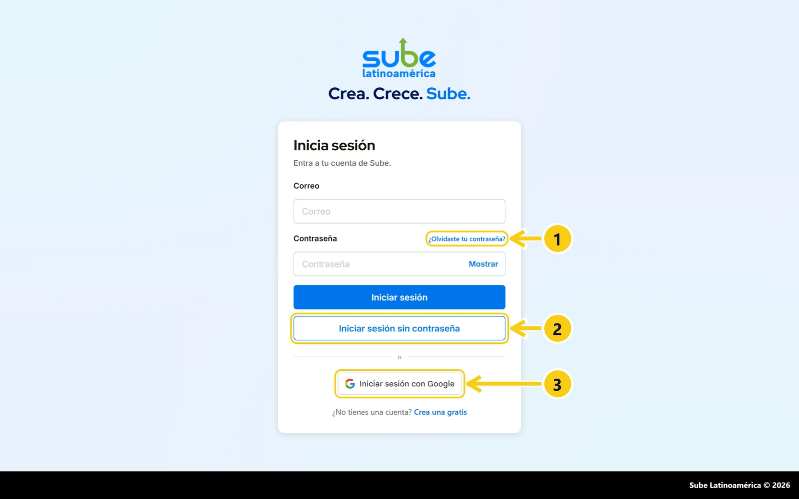 Pantalla Inicia sesión del panel de Sube con las tres opciones para entrar si olvidé mi contraseña, numeradas del 1 al 3