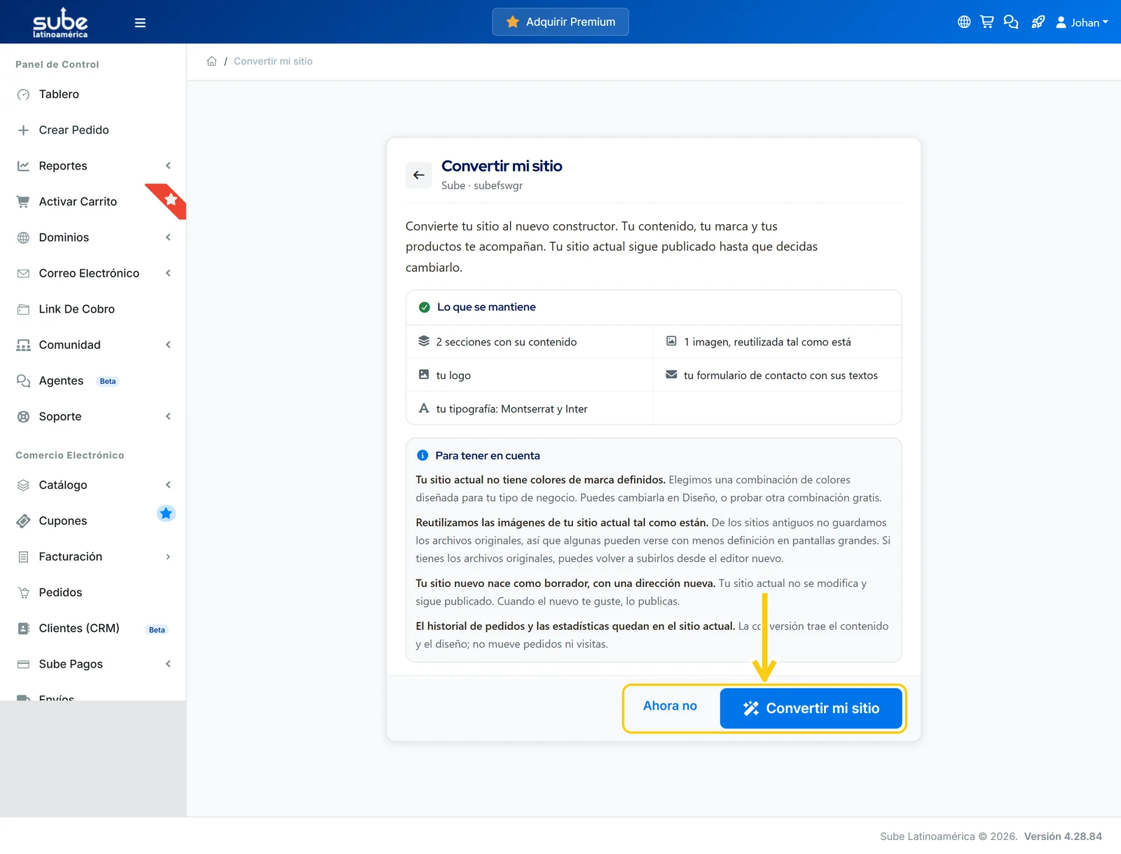 Pantalla Convertir mi sitio con los bloques Lo que se mantiene y Para tener en cuenta y los botones Ahora no y Convertir mi sitio
