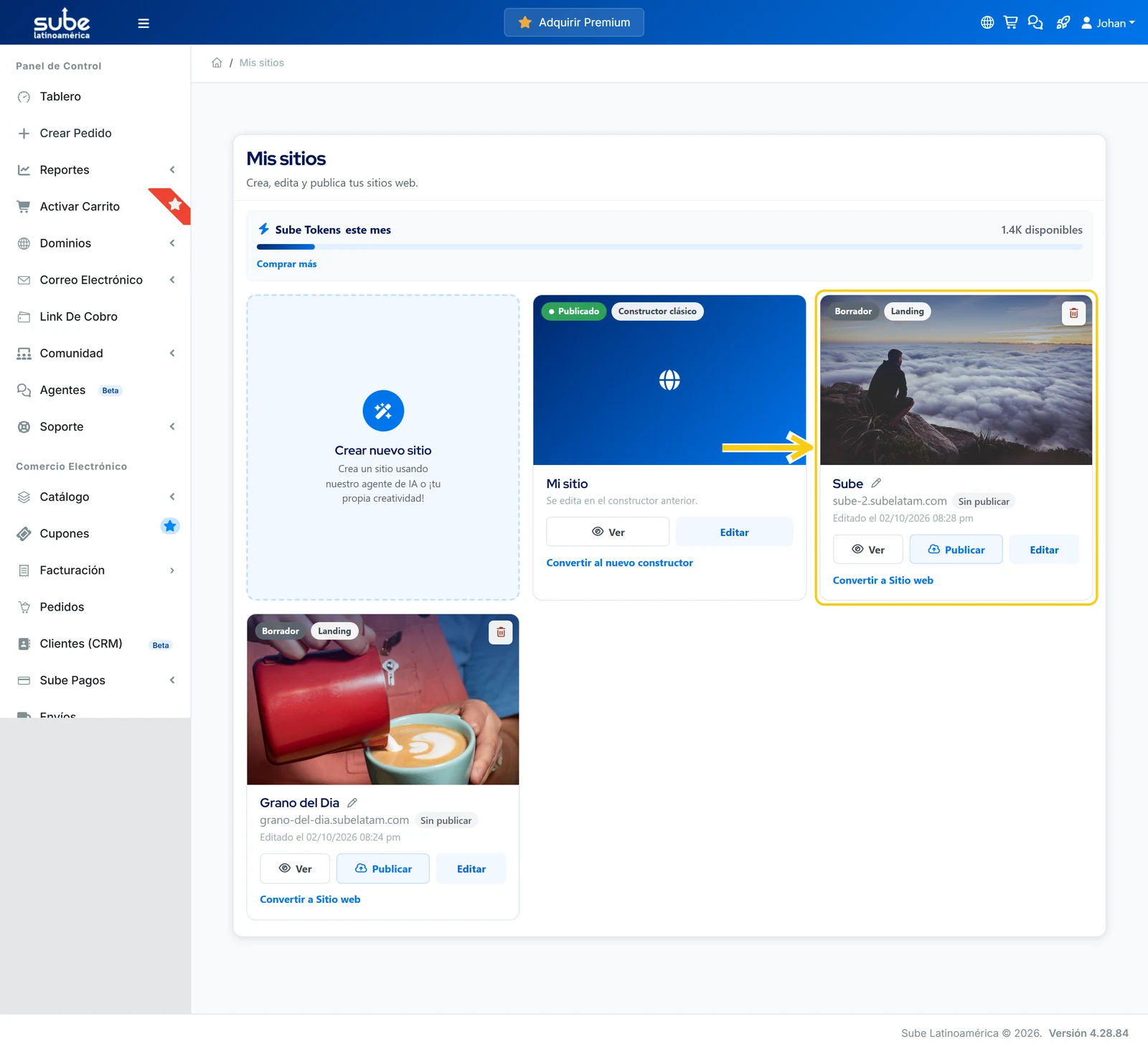 Mis sitios con el sitio nuevo en Borrador y dirección sube-2.subelatam.com, junto al sitio clásico que sigue publicado