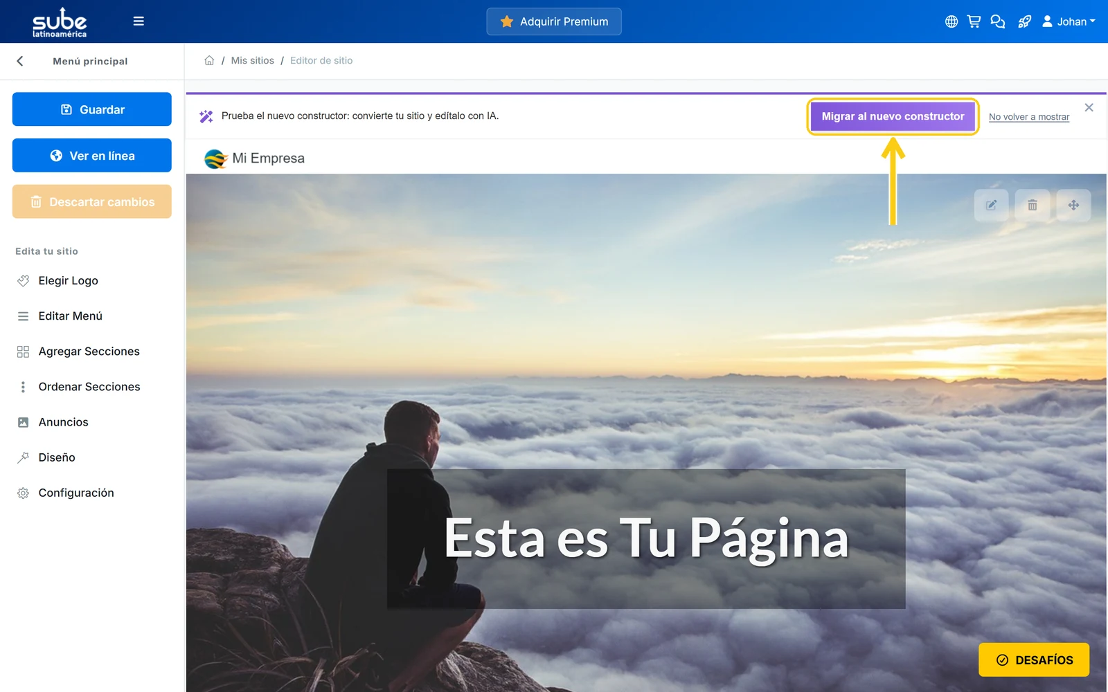 Banner Prueba el nuevo constructor en el editor clásico con el botón Migrar al nuevo constructor
