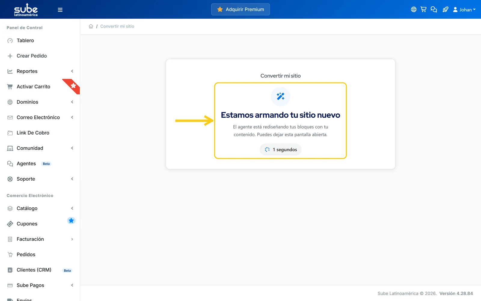 Pantalla de progreso Estamos armando tu sitio nuevo mientras el agente de Sube rediseña los bloques